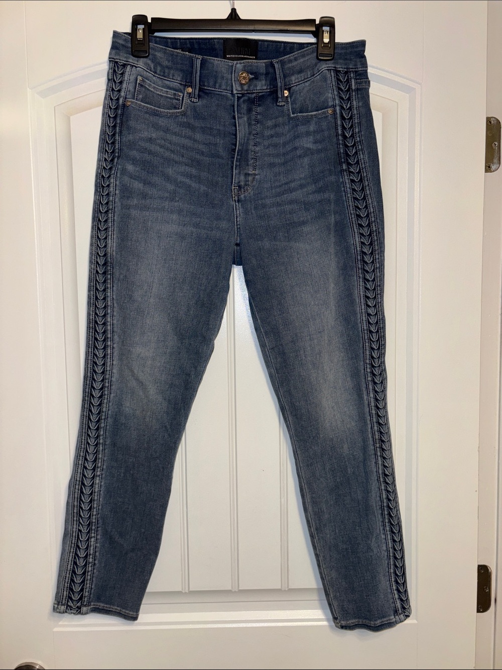 White House Black Market High Ride Crop Skinny Braided Washed Jeans Size 8